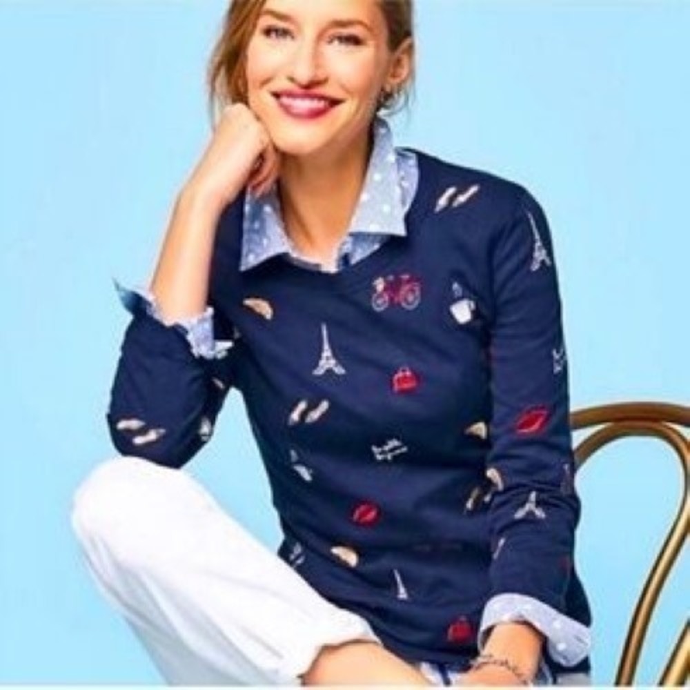 Talbots Sweater Womens 1X Petite Paris Embroidered Le Petit Déjeuner Knit